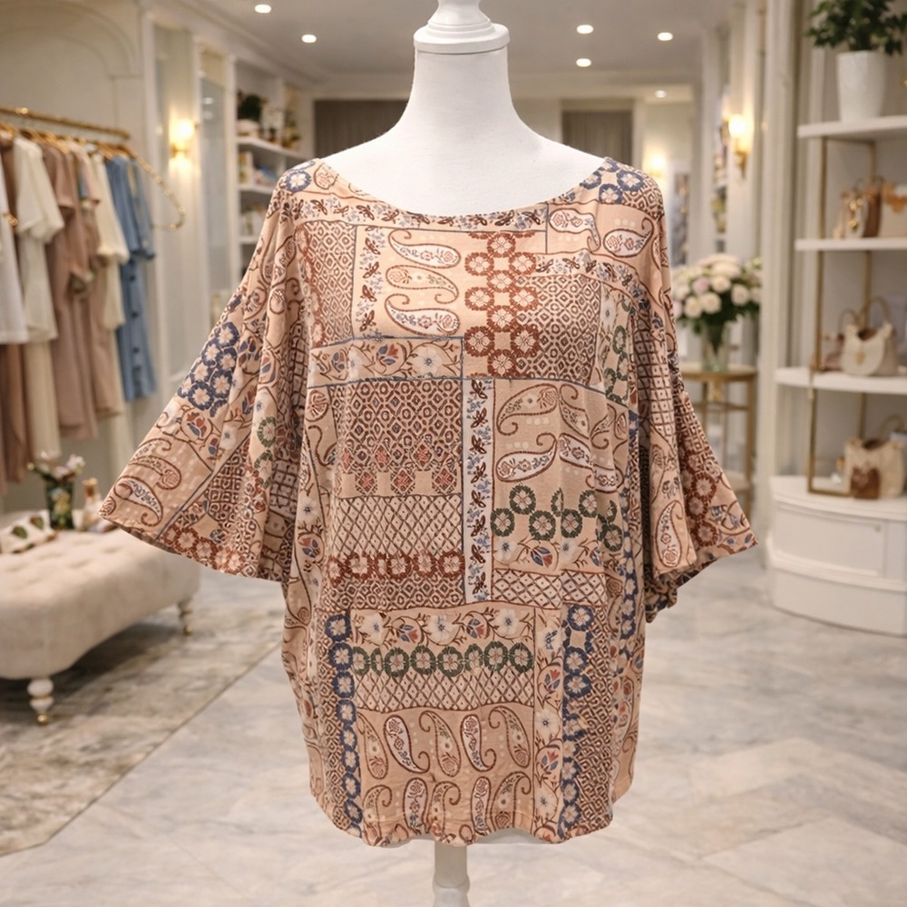 White Birch Patchwork Tunic Top Dolman Sleeve Medium Boho Oversized NWOT